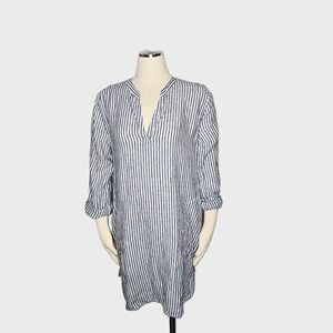 Tahari Womens Blue White Striped 100% Linen Roll Tab Sleeve Tunic Top Large